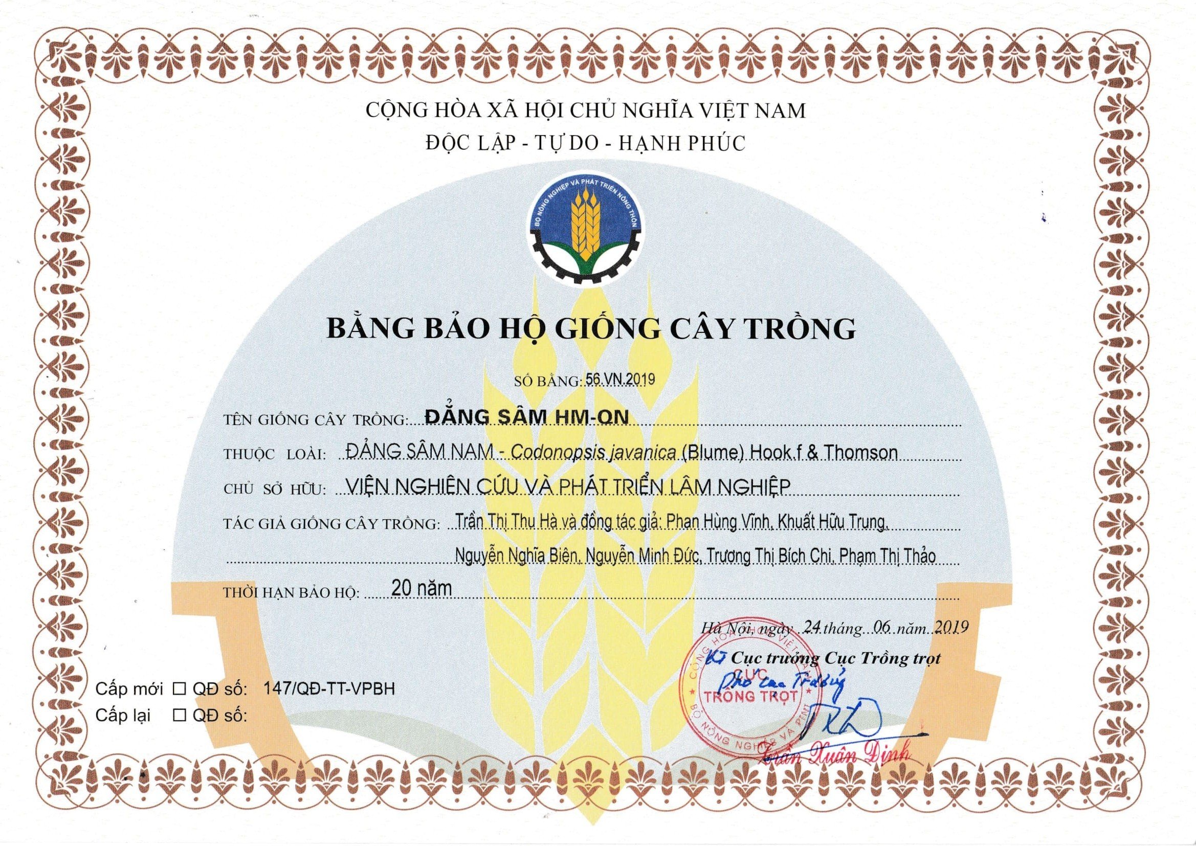 Bằng bảo hộ giống cây trồng Đẳng sâm