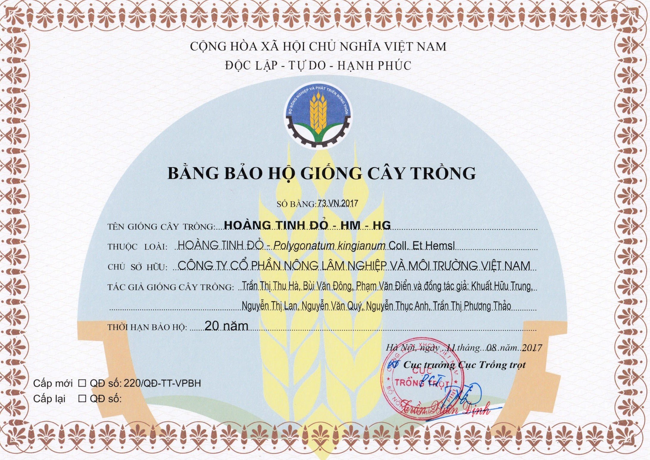 Bảo hộ giống cây trồng Hoàng tinh đỏ